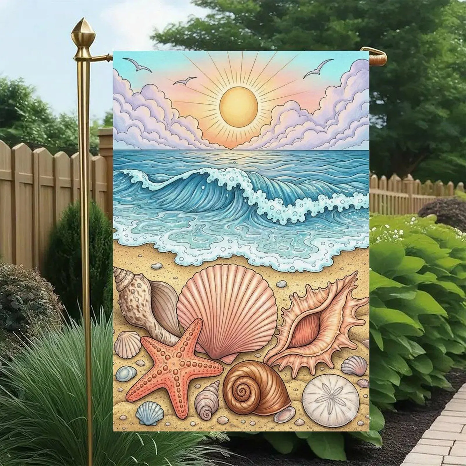 Sunset Ocean Wave Colorful Seashell Starfish Sand Dollar Seagull Vintage Coastal Summer Garden Flag Double-Sided 12x18in, Beach Nautical Lawn Sign