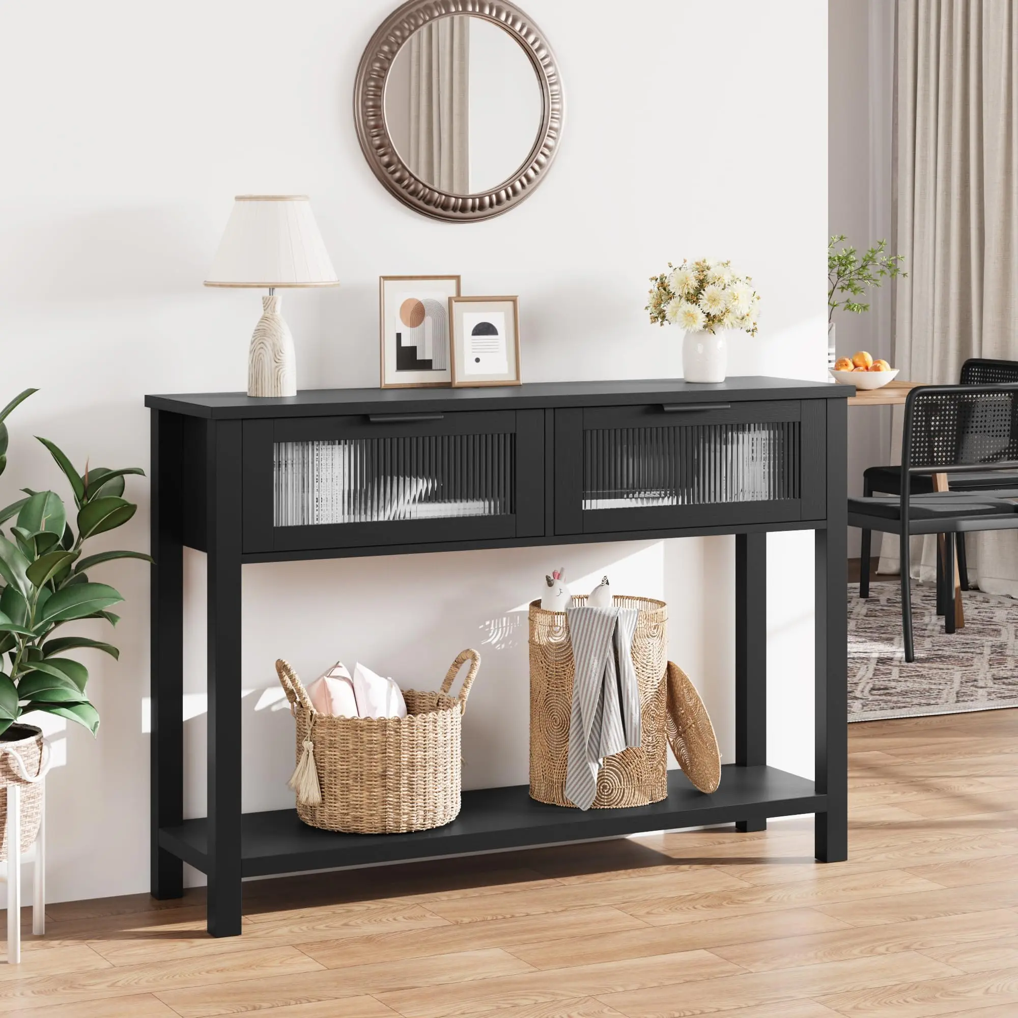 Garvee Rustic Brown Engineered Wood Entryway Console Table - Hallway Table, 43.3in D x 11.8in W x 31.4in H, 2 Glass Drawers, 2-Tier Storage, Vintage Modern Farmhouse Home Decor for Living Room, Behind-Sofa Spaces, Living Room Decor
