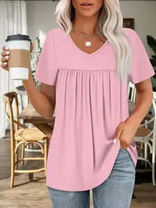 Plus Size Women's Summer New V Neck Pleated Solid Casual Shirt, Lazy Style Loose Short Sleeve Top, Comfortable and Stylish Summer Wear