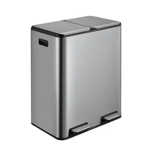 GARVEE 60 Liter Dual Compartment Kitchen Trash Can with Soft-Close Lid, 2 Inner Buckets, and Hinged Lids in Brushed Stainless Steel, Ideal for Recycling and Waste Management in Your Home or Office.