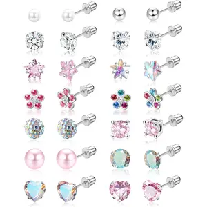 YADOCA 14 Pairs Stud Earrings for Women 316L Stainless Steel Hypoallergenic - Multiple Piercing Options with Heart, Star, Pearl, CZ - Flatback Screw Backs for Sensitive Ears