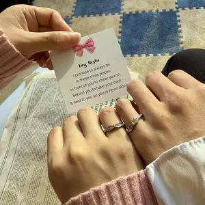 Forever Best Friends Bow  Pinky Promise Ring Set White Gold Plated Adjustable Rings Symbolizing Unbreakable Friendship Playful Matching Design