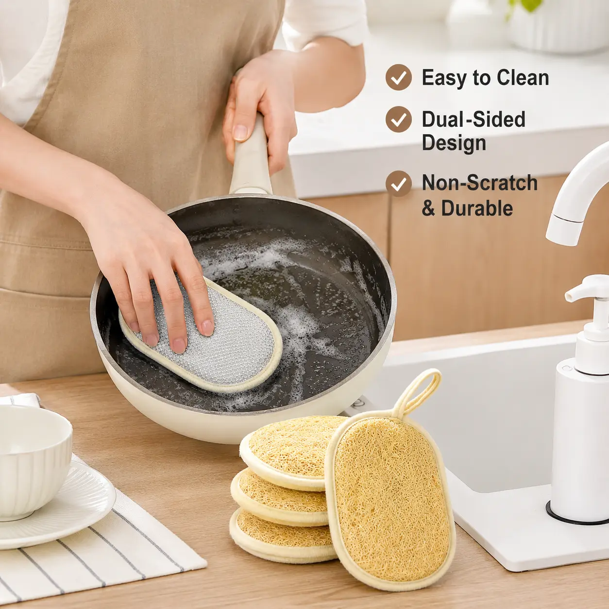1 Count, Double Sided Loofah Dish Scrubber with Hanging Loop, Non-scratch Cleaning Pad for Kitchen Cookware and Tableware Washing