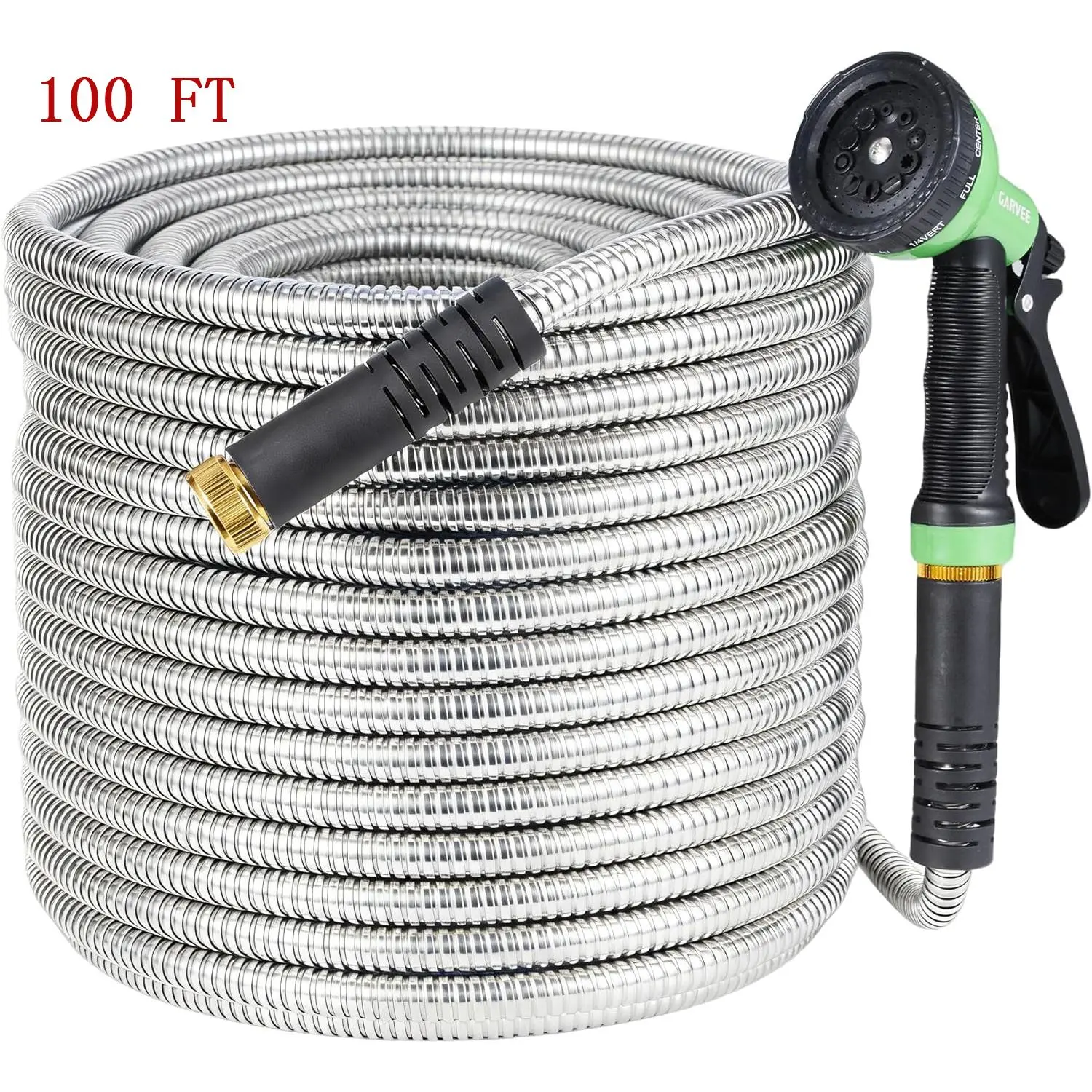 25FT Lightweight Metal Garden Hose Heavy Duty Stainless Steel, Kink-Free Flexible Rust-Proof Water Hose with 10-Pattern Spray Nozzle, Ideal for Yard Car RV Pet Cleaning, US Standard