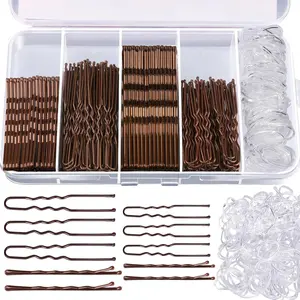 300pcs Bobby Pins Hair Pins Kit, 100 Bobby Pins Brown Hair, 100 Hair Pins for Women and 100 Hair Bands, Hair Pins for Buns, U Shape Pins 2inch 2.36inch Bobby Pins for Women 2inch, 2.75inch