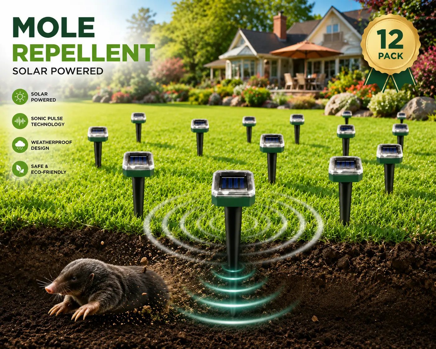 12 Pack Solar Mole Repellent Waterproof Gopher Repellent Solar Snake Repellent Ultrasonic Vole Gopher Repellent for Backyard Garden Vegetable Garden Farm Land