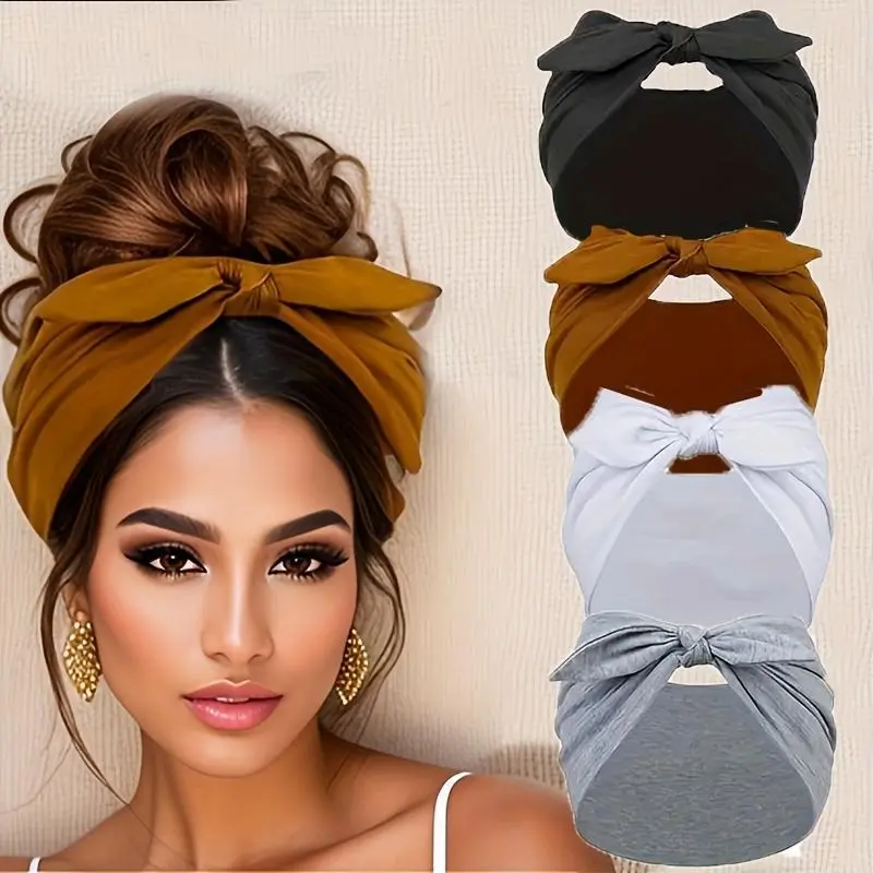 4pcs Women'S Elastic Headbands - Elastane, Solid Colors (Black, Brown, Green, Beige, Leopard Print, Gray) with Turban Twist Knot Design, Versatile for Sports & Daily Use, All-Season Comfort, Versatile Headwear | Stylish Headbands | Comfortable Fit