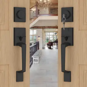 Double Front Door Lock Set, Black Double Door Handle Set, Matte Black Double Door Handle with Dummy, Modern Double Front Door Hardware Set with Reversible Handle Lever