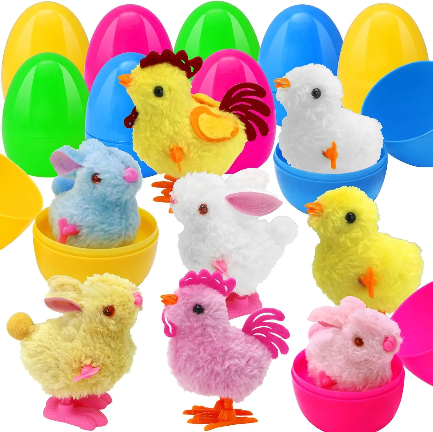 8PCS Prefilled Easter Eggs with Wind-Up Chicks & Bunnies, Easter Egg Fillers for Kids, Easter Basket Stuffers, Party Favors, Classroom Prizes, Easter