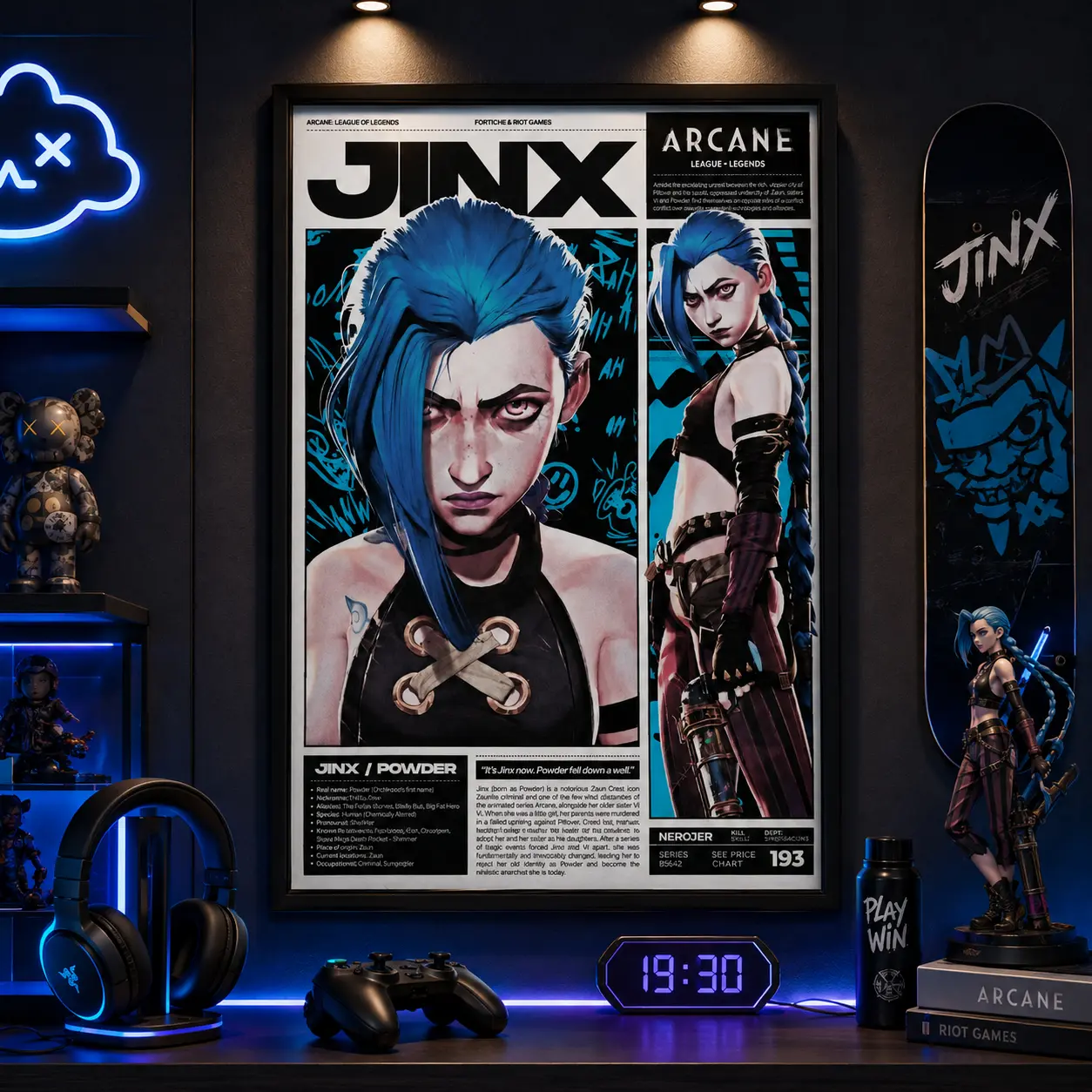 Blue Hair Punk Anime Girl Poster Canvas Wall Art, Cyberpunk Manga Style Character Print, Cool Gaming Room Bedroom Dorm Decor, Unframed