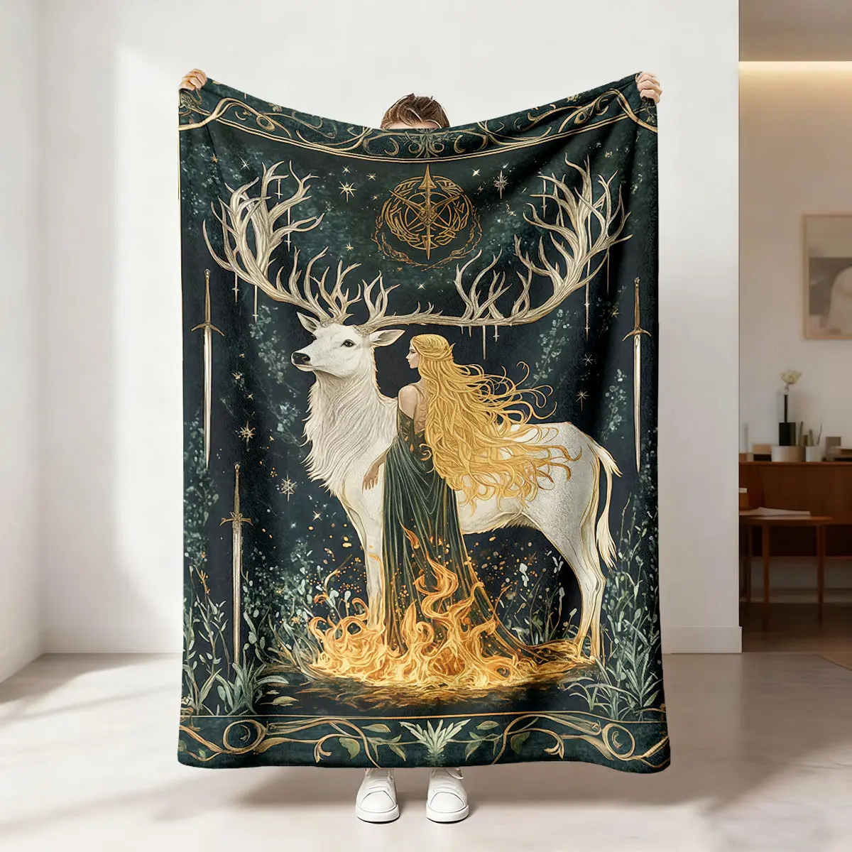 1 piece of dark green forest white deer goddess with star emblem sword and flame element printed flannel blanket suitable for sofa, bedroom travel and other occasions, Soft skin-friendly, Cozy flannel blanket Blankets for Sofa