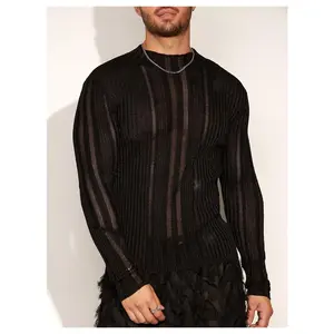 Hollow Out Sheer Sweater Crew Neck Long Sleeve Knitwear Party Pullover Tops