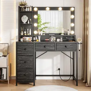 Hollywood Vanity with Mirror and Lights, Makeup Vanity Desk with 5 Fabric Drawers & Power Outlet, 3 Lighting Modes Adjustable Brightness, Bedroom Dressing Table