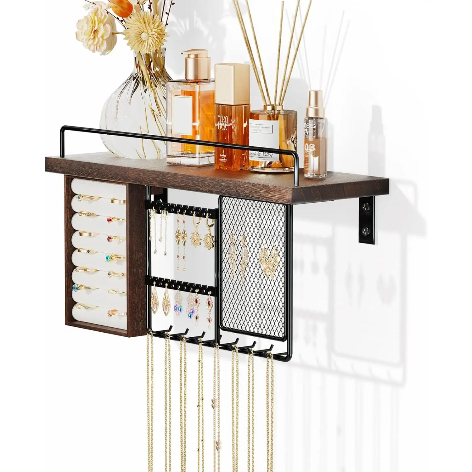 Brown Wooden Wall-Mounted Jewelry Organizer with Metal Hooks, Wooden Shelves - Mother-Friendly Home Storage for Ring, Earring, Bracelet, Necklace Display