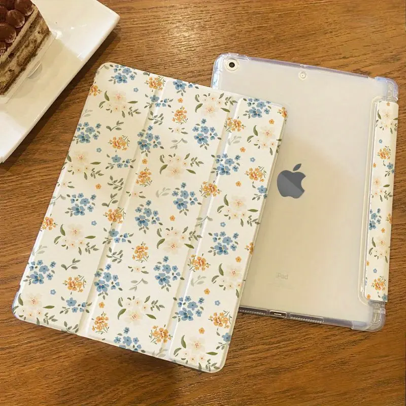 Floral Pattern Tri-Fold Tablet Case - TPU & PU Casing with Collapsible Adjustable Stand, Card Slot, Casual Protection for iPad Mini 4/5/6, Pro 2024 13-in, Air 2024 & Other Compatible Models, Tablet Accessories