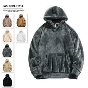 Men's fleece hoodie with American vintage style, made of faux lamb wool material, warm and thick, featuring a windproof hooded design with large practical pockets, available in multiple colors, a winter essential jacket.
