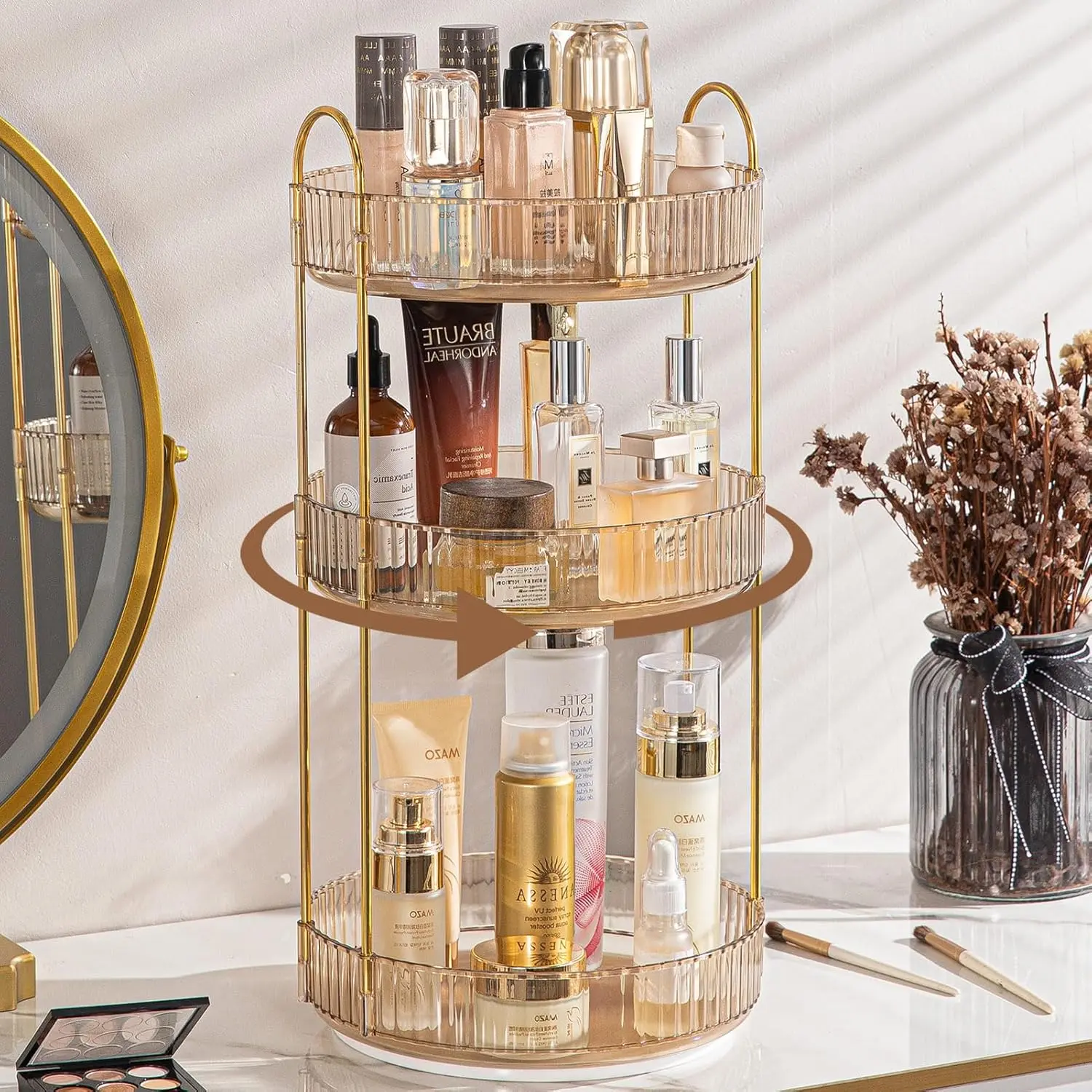 360° Rotatable Round Makeup Organizer Turntable - 3-Level Sturdy Large-Capacity Home Organizer with Compartments for Perfume, Skincare, Vanity Countertop Display, Bathroom Use, Vanity Organization, Women’s Gift