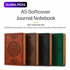 CAGIE 4-Pack A5 Vintage Hand-Stitched Soft Leather Notebooks, 100 gsm Lined Writing Journals with Embossed Vintage Pattern, Father's Day Gifting for Office & School Supplies Needs