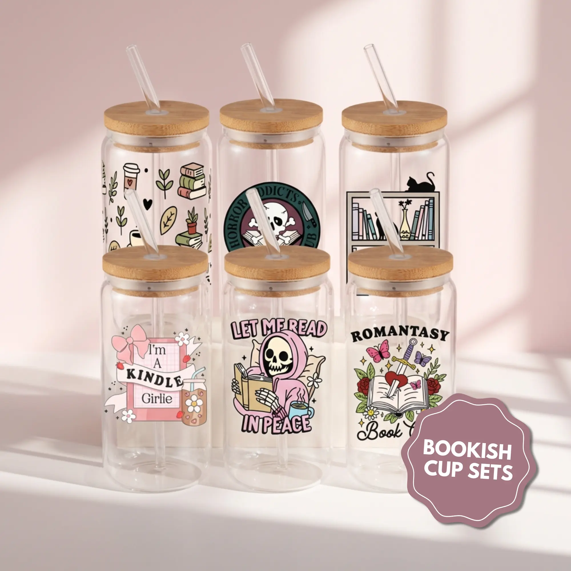 SIP-SIP HOORAY! 16oz Handmade Aesthetic Bookish Glass Tumbler with Bamboo Lid & Silicone Straw - Portable, Reusable, Washable Iced Coffee Drinkware, Gift for Book Lovers