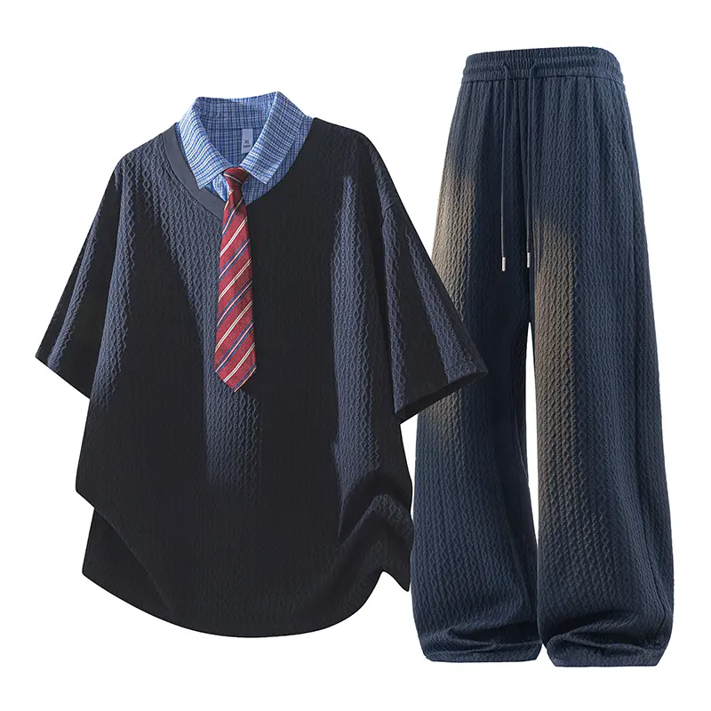 Men's Preppy 2-Piece Casual Set - Jacquard Color-Block Notched Lapel Shirt and High-Waisted Wide-Leg Drawstring Jeans, Casual Fashion Set, Two Piece Short Sleeve Pants & Top Sets
