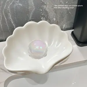 Luxury Automatic Drain Shell Soap Dish, Elegant Oval Plastic Soap Holder, Suitable for Home Shower Bathtub Kitchen, Includes Cleaning Brush