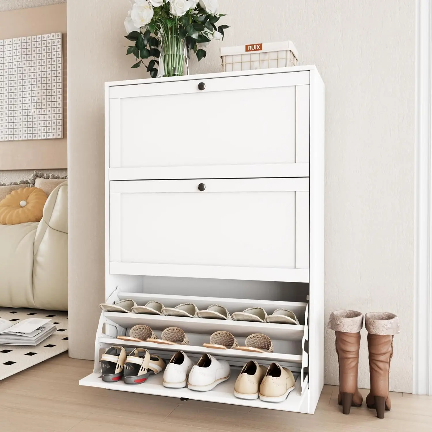 VOWNER Ultra-Slim Particle Wood Free-Standing Flip Shoe Rack Organiser - 3 Flip Drawers, 3-Tier Fold-Down Cabinet with Adjustable Shelf, High Load Capacity, Anti-Tip Safe, Furniture-Style for Entryway, Hallway, White, Flip Shoes Rack