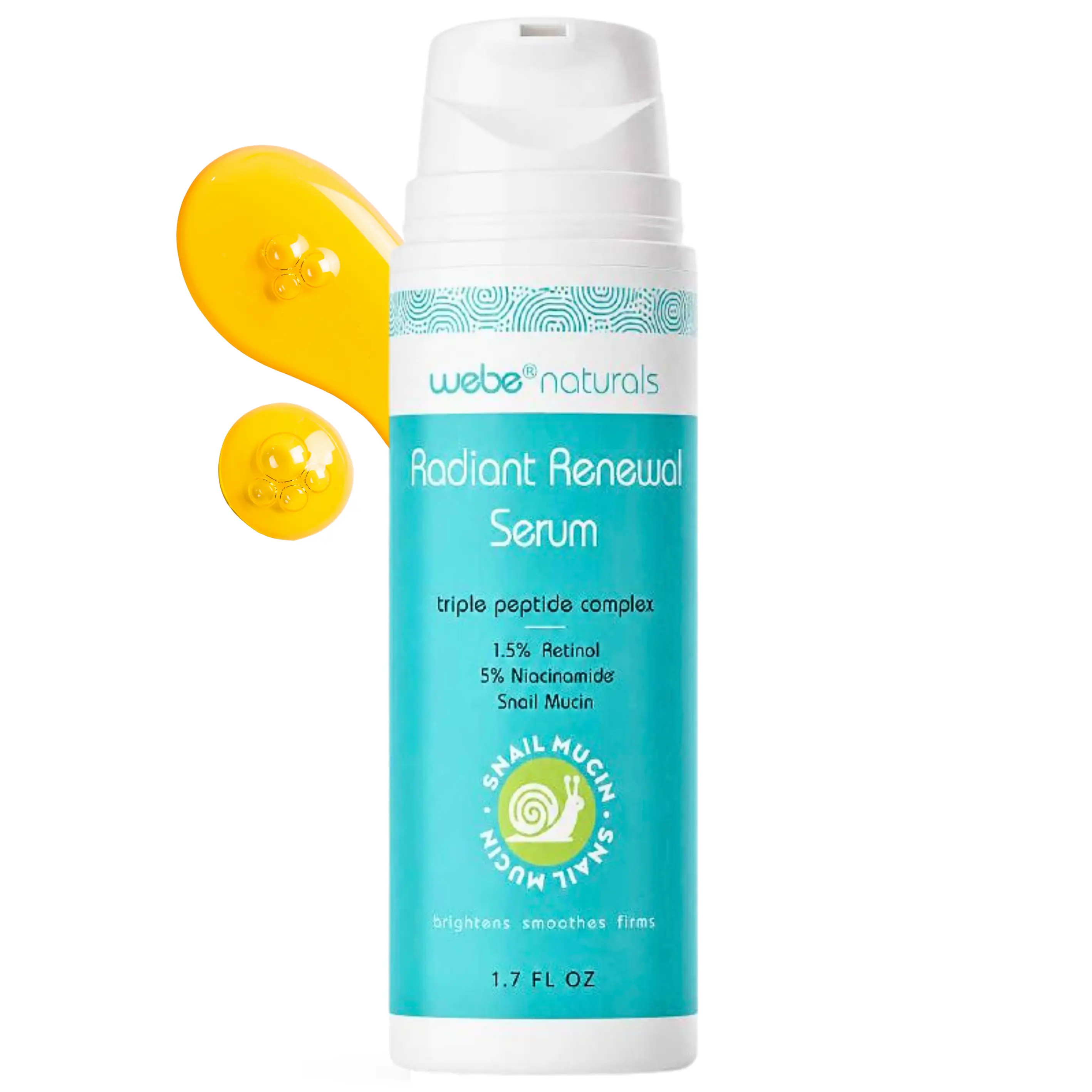 Webe Naturals Radiant Renewal Snail Mucin Serum 1.7oz  Liposomal Retinol, Vitamin C, Zinc PCA & 4 Peptides for Brighter, Firmer, Smoother Skin | Anti Aging Formula with Niacinamide to Reduce Fine Lines & Boost Collagen | Luxury Glow Treatment