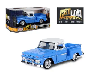 Motormax 1:24 1966 Chevrolet C10 Stepside Truck with White Top Lowrider – Blue/Cream Diecast Model Toy Car