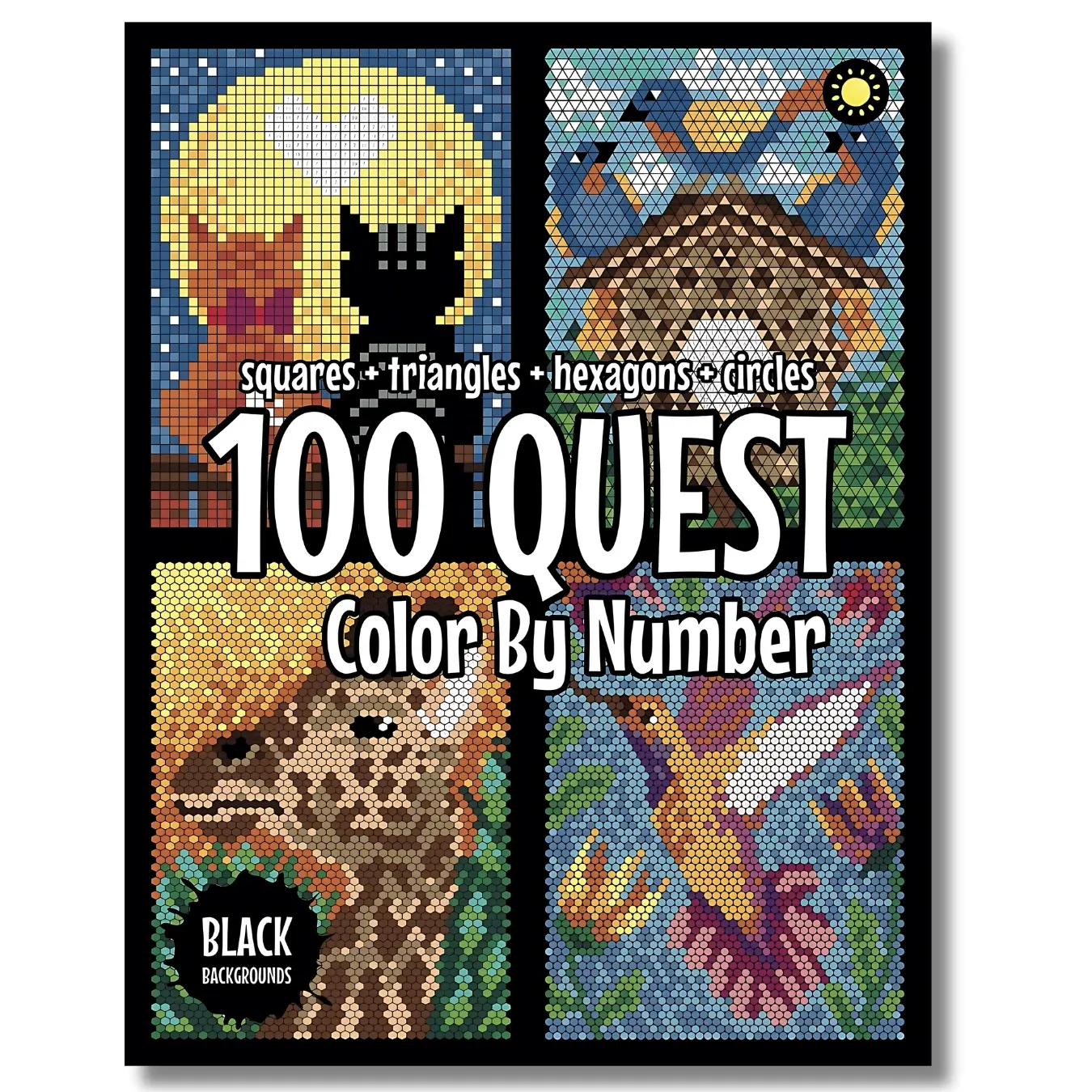 Adult Color By Number Activity Book - 100 Quest Pages, Geometric Shapes (Squares, Triangles, Hexagons, Circles), Black Backgrounds, Parodic Cute Whimsical Designs, Art Supplies, Craft Supplies, Mother's Day Gift