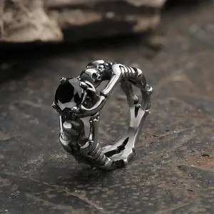 GTHIC Gothic Tribute Gem Stainless Steel Skull Ring for Women Men Wedding Jewelry Daily Wear