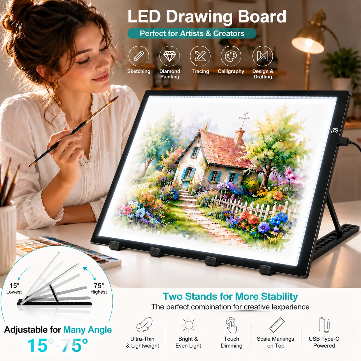 A2 LED Light Pad for Diamond Painting, 3-Level Dimmable Tracing Light Box, Ultra-Thin Drawing Board with 2 Stands, 4 Clips & Type-C Cable