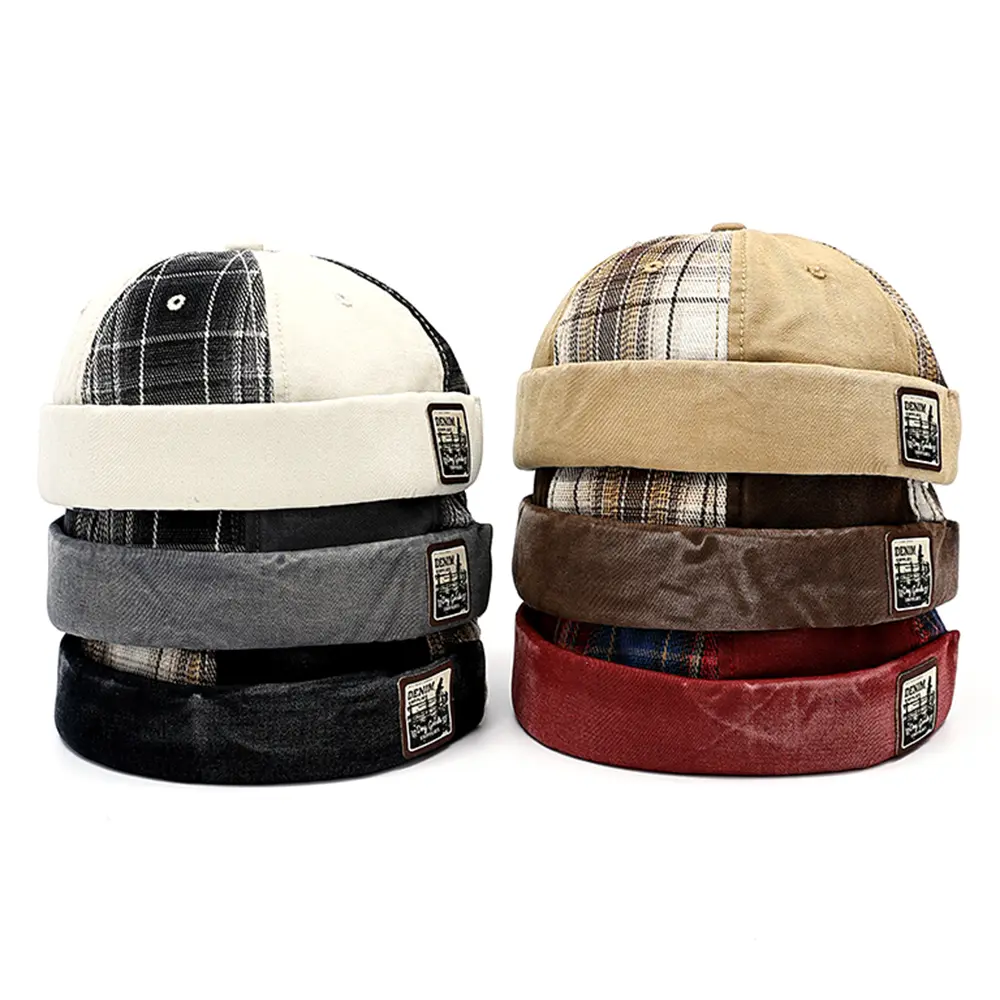 Plaid Patchwork Brimless Docker Cap, Unisex Vintage Rolled Cuff Washed Cotton Skullcap