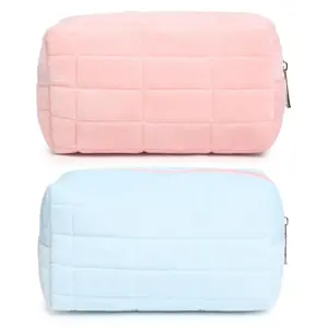 LMMAKE Plush Makeup Bag Foldable Design Large Capacity Pink & Blue Cosmetics Organizer for Travel School Daily Use with Strong Zipper
