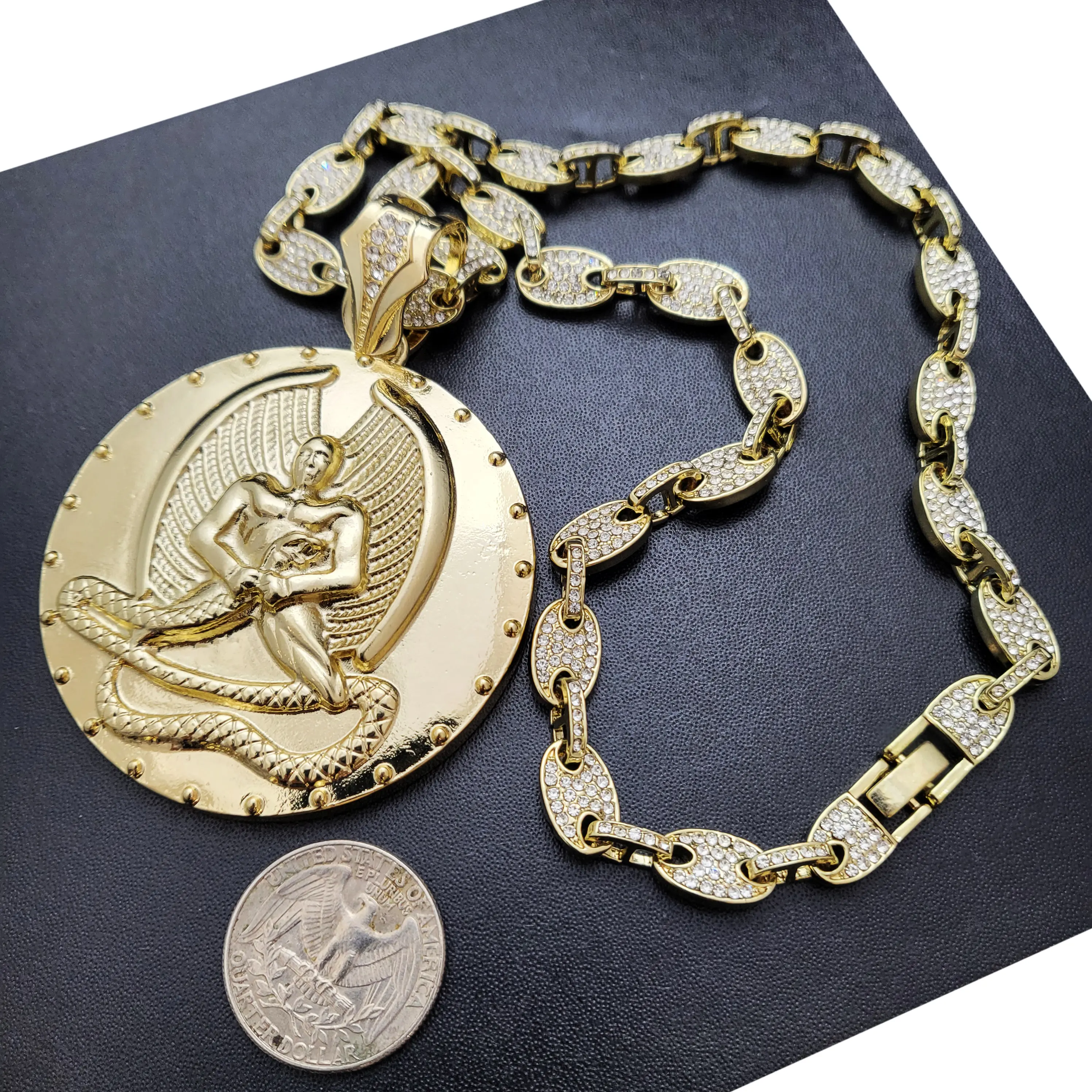 EUPHANASIA GOLD PLATED LARGE MEDAL PENDANT & 8mm 18" 20" 24" ICED CZ MARINER CHAIN NECKLACE JEWELRY FOR MEN