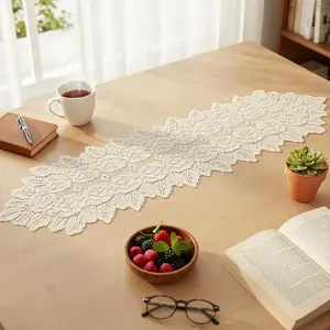 Beige Oval Lace Table Runner Doilies Floral Table Scarf Handmade Crochet Placemats for Wedding Living Room Kitchen Dining Decor 46.46 x 12.6 Inch Soft Luxurious Exquisite Crochet Pattern