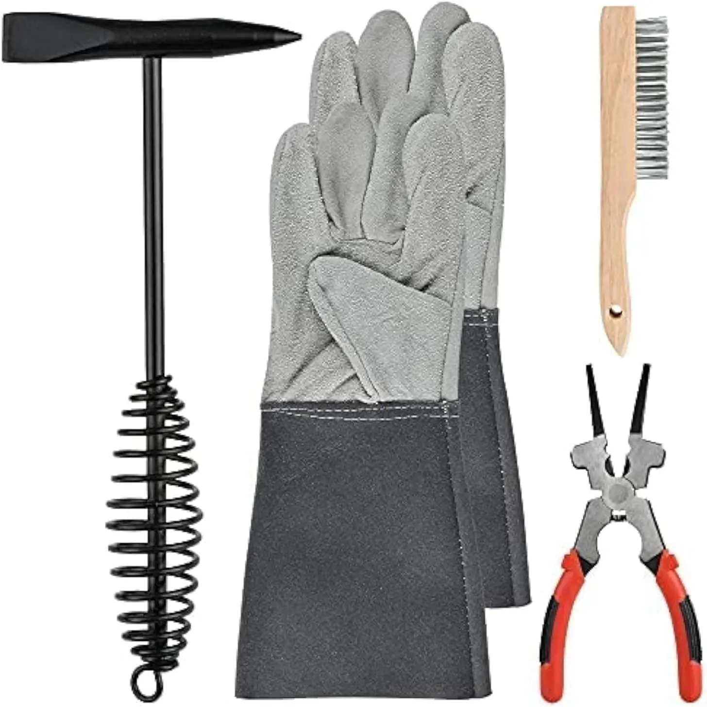 4-Piece Carbon Steel Slag Removal Set - 10" Hammer with Coil Spring Handle, Multi-Use Pliers, Wire Brush, Work Gloves, 1 Count Hammer