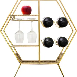 Hexagonal Wall Mounted Wine Rack Metal Hanging Wine Glass Holder Shelf, Countertop Wine Bottle Storage Rack Freestanding, Hexagon Floating Shelf Wine Bottle Holder for Home Bar Kitchen
