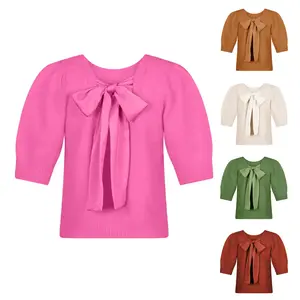 Bow-Back Short Sleeve Knit Top Backless with Oversized Satin Bow Coquette Detail French Girl Aesthetic Puff Sleeve Chic Summer OOTD Sweater