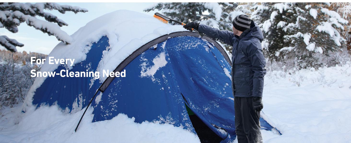 AstroAI 27" Snow Brush and Detachable Ice Scraper with Ergonomic Foam Grip for Cars, Trucks, SUVs (Heavy Duty ABS, PVC Brush, Orange)