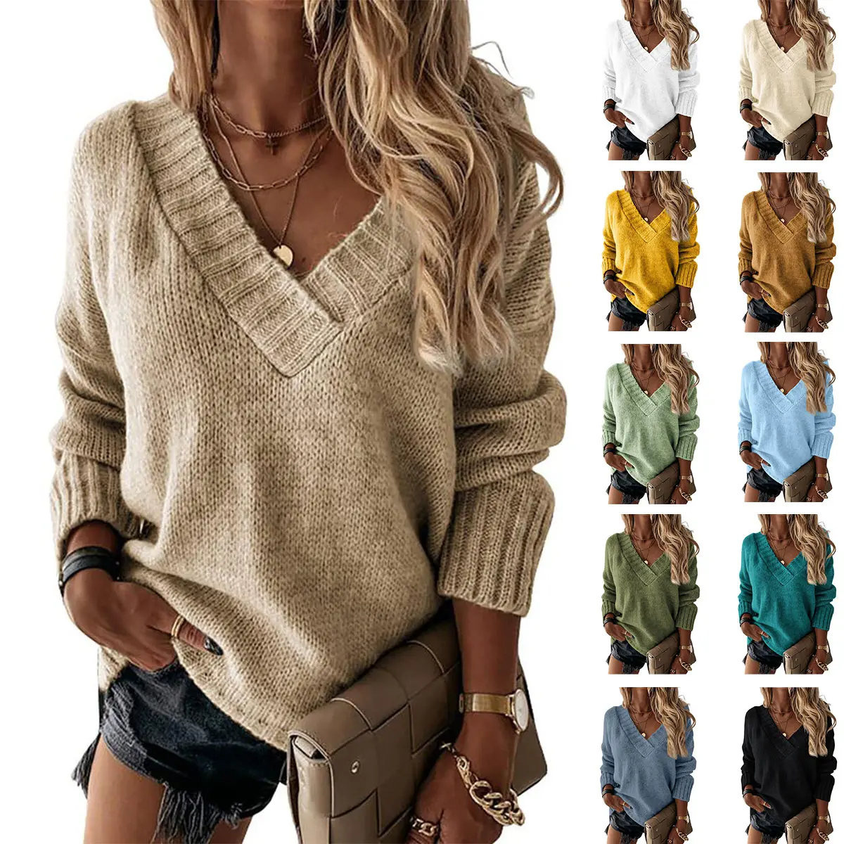 lmily Bela Womens Loose Sweaters Sexy V Neck Long Sleeve Solid Knitted Jumper Pullover Sweatshirt Tops