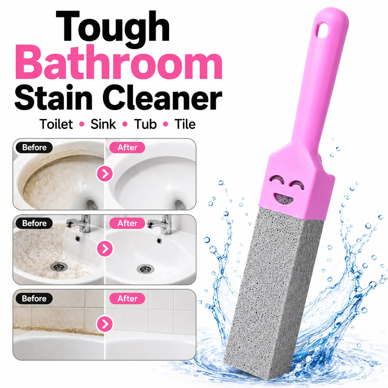 Pumice Stone Toilet Cleaner with Handle, Heavy Duty Cleaning Stick for Bowl Rings, Hard Water Stains, Limescale, Rust Marks, Bathroom Tile, Sink, Tub & Household Cleaning