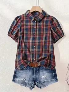 Women's Summer Casual Plaid Short Sleeve Shirt, Collared Design, Daily Wear, Simple and Stylish, Perfect for Everyday