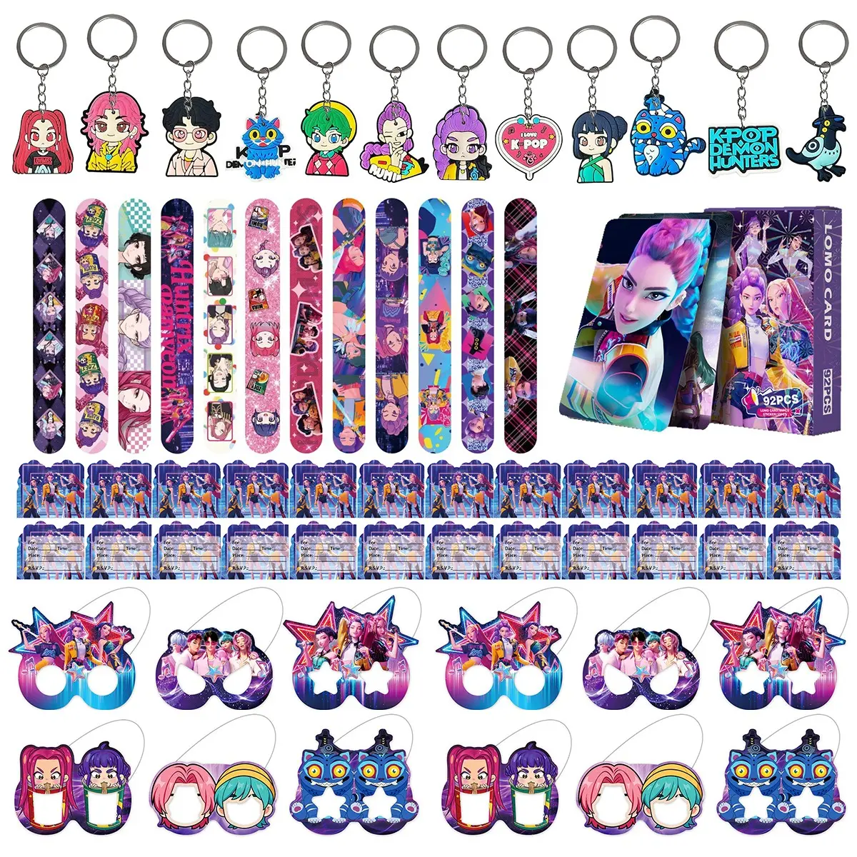 Korean cartoon girl group birthday party gift set five-piece set: 12 bracelets, 12 keychains, 12 invitation cards, 12 decorative glasses, 96 game cards, allowing everyone to fully immerse in the party, Party Favor Packs