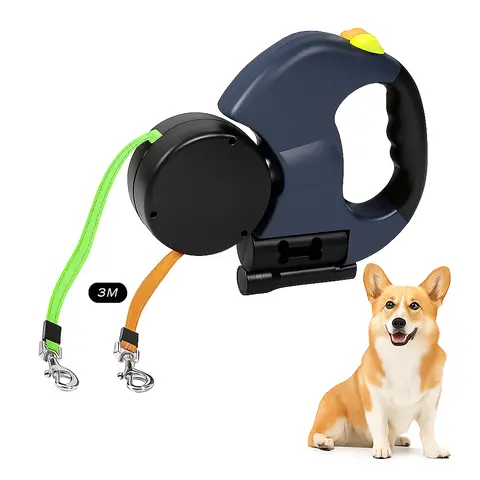 Retractable Dual Dog Leash for 2 Small Dogs (Up to 30 lbs Each) - 3ft Tangle-Free Leash with 360° Swivel Motion, LED Flashlight, Bungee, Durable Reflective Harness, Thumb Control, Quick Lock for Firm Control, Night Safety Outdoor Pet Walking Accessory