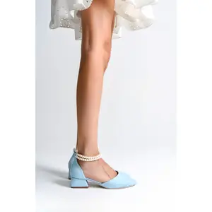 Aurora | Baby Blue Suede Low Heels with Pearls