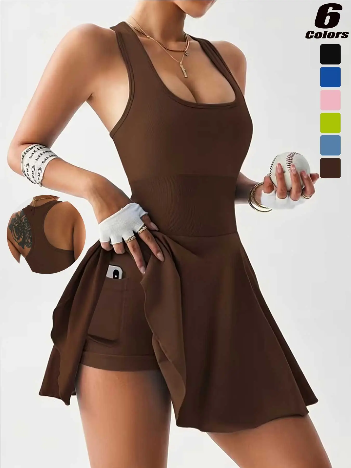 Summer Women's Sporty Tennis Running Dress, Inner Shorts, Single Pocket, Detachable Bra Pad, Yoga Tennis Skirt, Outdoor Casual Fashion, Sleeveless Athletic Dress, Active Dress, Sports Dress