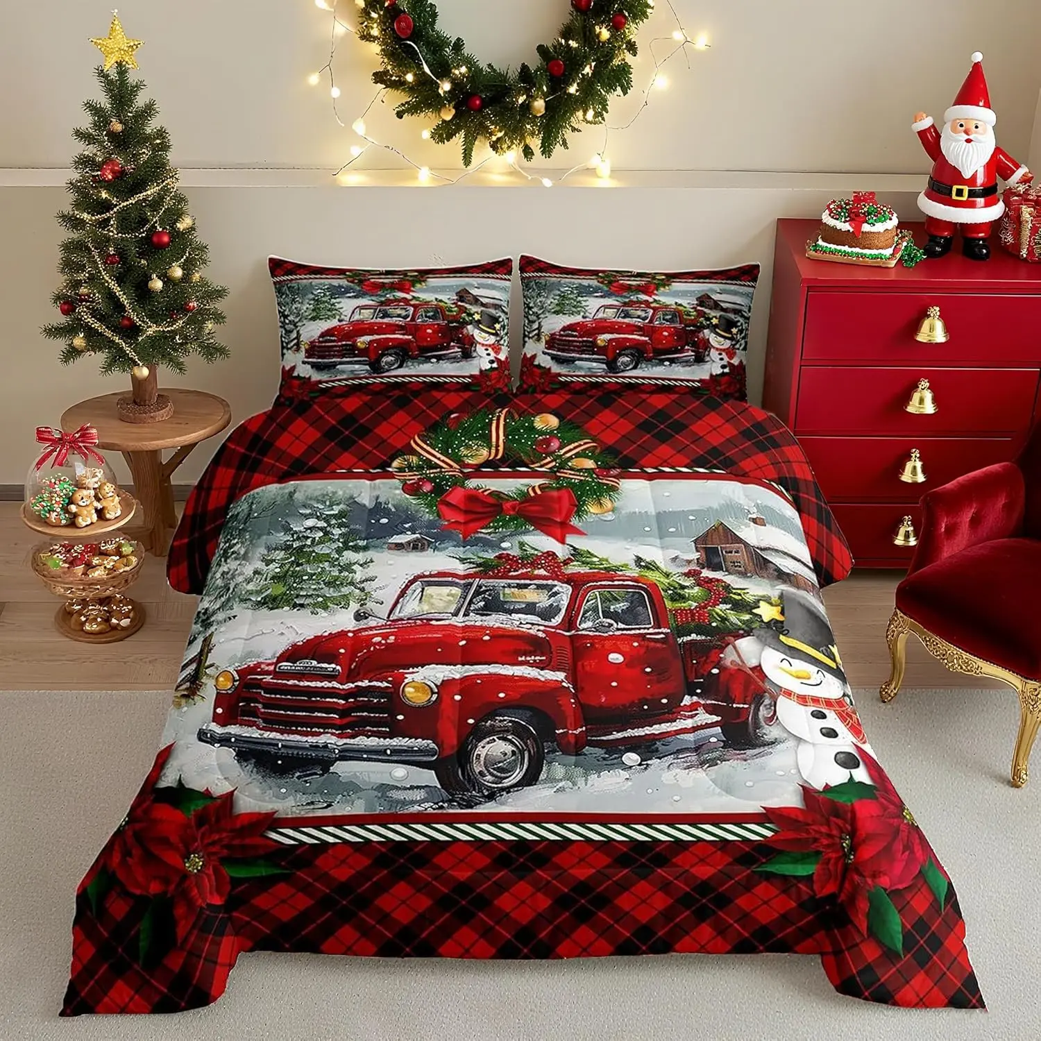 Christmas Truck Comforter Set Kids Girls Boys Red Plaid Decor Pine Tree Bedding Set Winter Snow View Quilt Set Happy New Year Gifts Duvet Insert