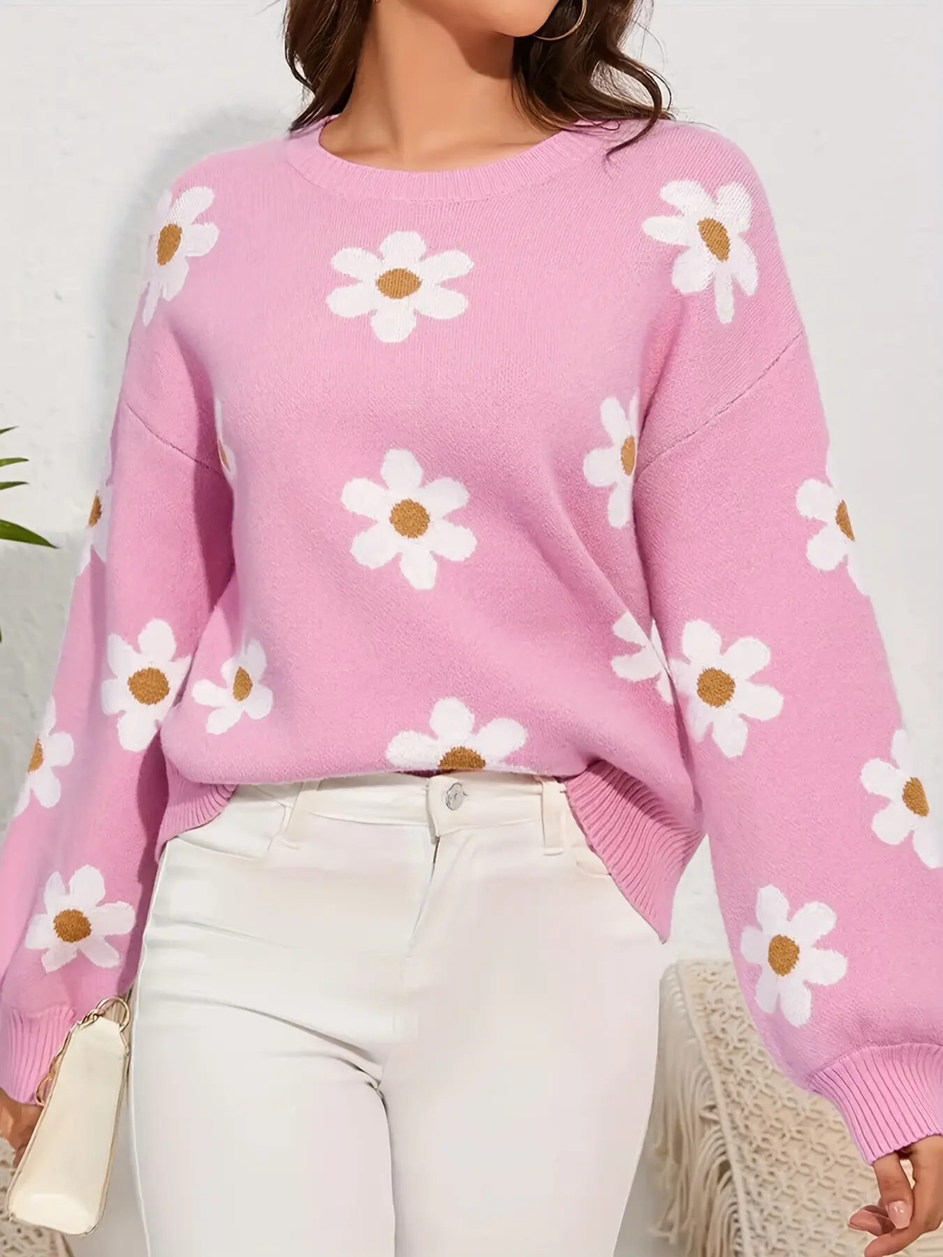Women's Sweet Daisy Flower Embroidered Floral Knit Sweater, Round Neck Loose Bubble Sleeve Knit Top, Casual Fitted Spring Fall Aesthetic, Long Sleeve