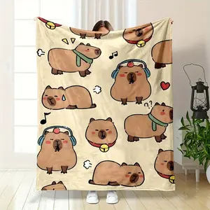 Cartoon Capybara Flannel Blanket | 100% Polyester | Reversible All-Season Throw | Soft Durable Cute Animal Print