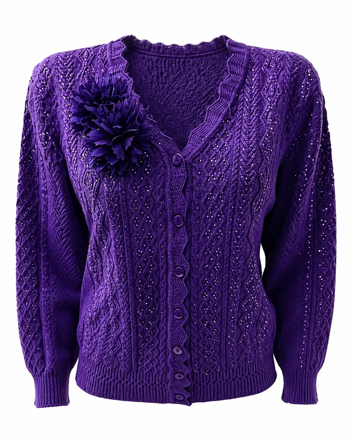 Women's Casual Long-Sleeve Hand-Knit Guatemalan Lily Cardigan - Purple Crochet Lace Traditional Craft Button-Front Knit Top Clothes